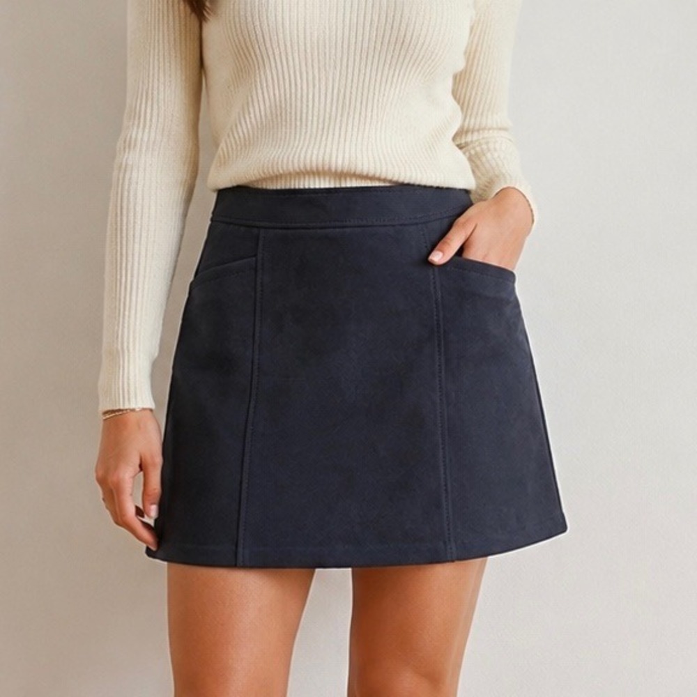 LOFT Petites Faux Suede Mini Skirt Size 8P Navy‎ Blue Pocketed A-Line Stretch